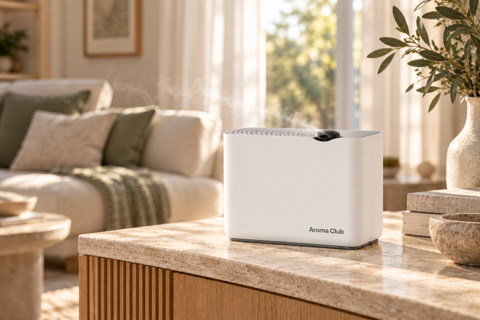 Equipo blanco Aroma Club de microdifusión en frío sobre un mueble de piedra y madera en un living con luz natural